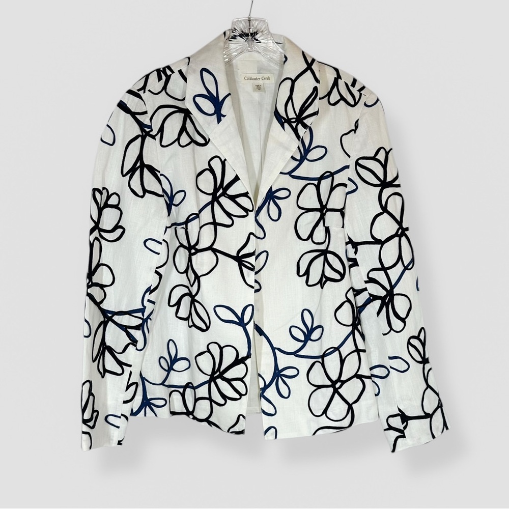 Coldwater Creek Linen Blend Jacket Size 10 White/Blue Floral Embroidered Casual